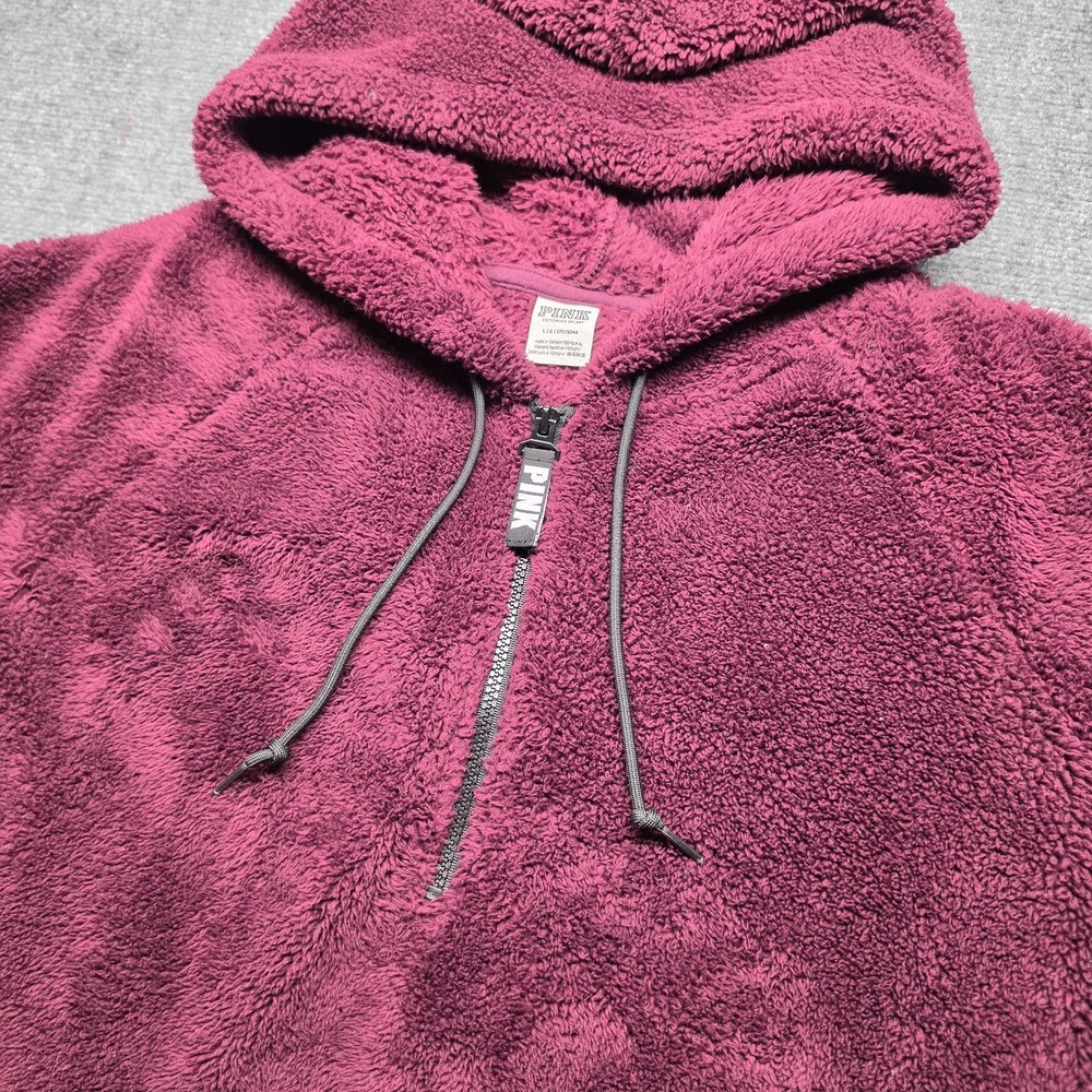 PINK Victoria Secret Burgundy Sherpa Teddy Fleece Half Zip Hoodie Large Maroon